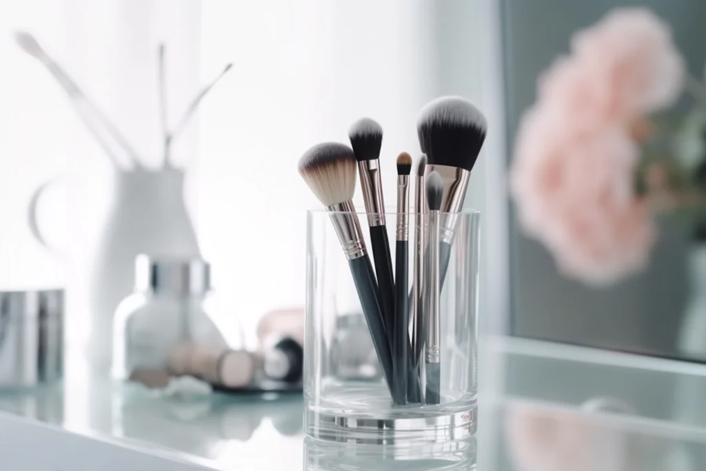 Makeup brushes in a clear glass.