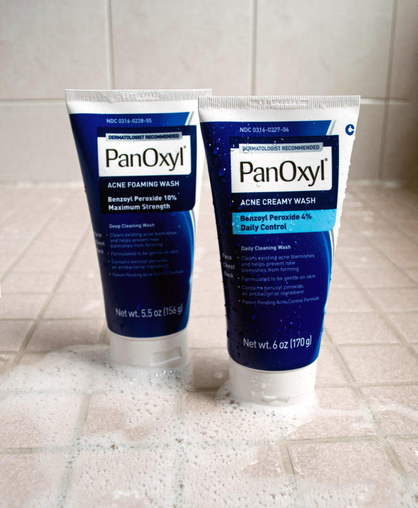 PanOxyl 4% and 10% Acne Washes in a shower