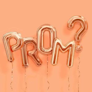 Orange background with "PROM?" in orange balloon letters
