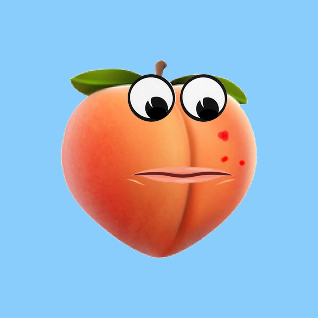 A peach with eyes, a mouth and pimples