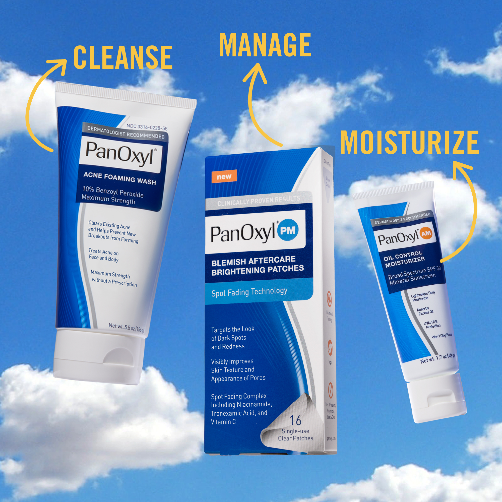Image of three PanOxyl products with one arrow pointing from each product to its product category: PanOxyl Acne Foaming Wash (Cleanse), PanOxyl PM Blemish Aftercare Brightening Patches (Manage), PanOxyl AM Oil Control Moisturizer (Moisturize).
