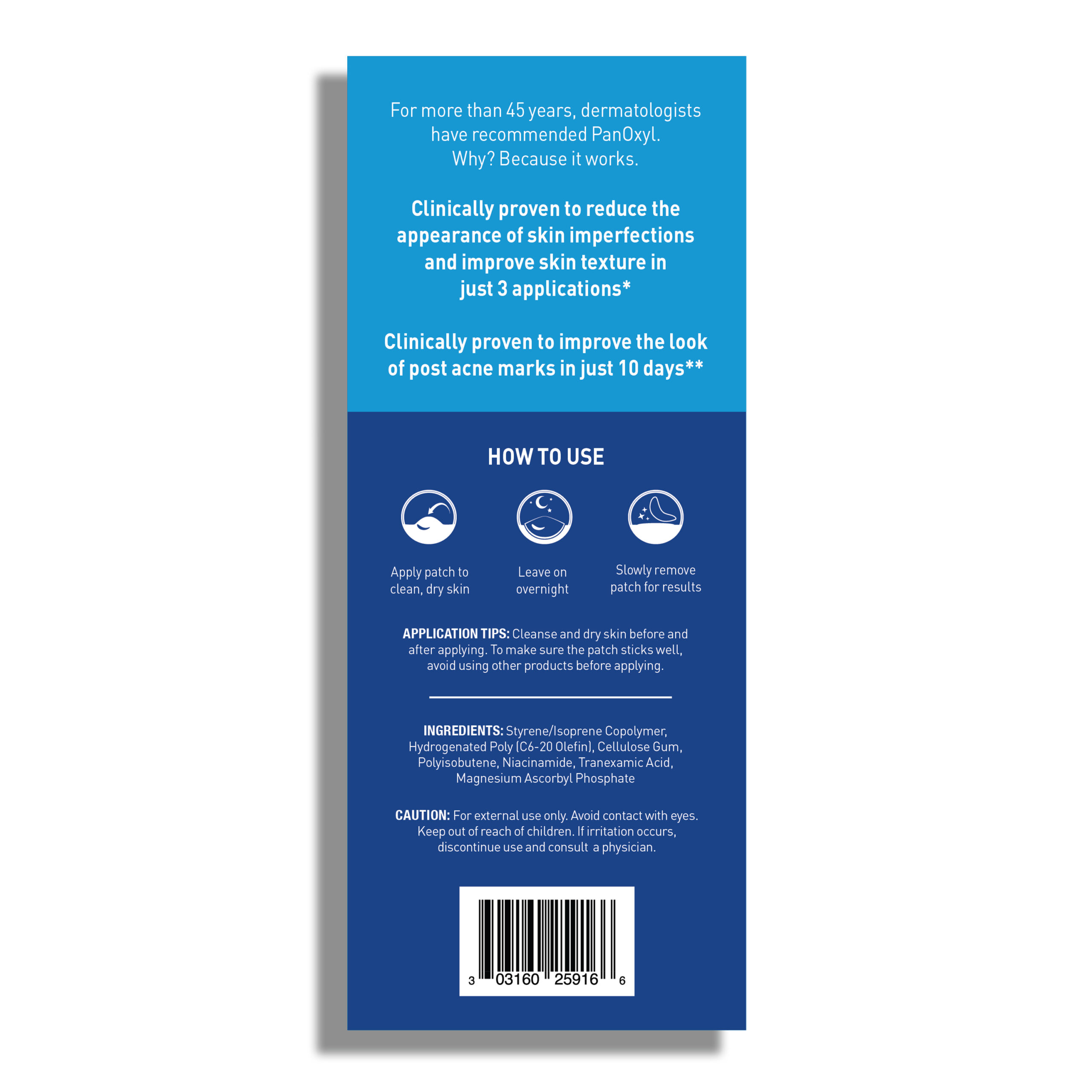 Back of packaging of PanOxyl PM Blemish Aftercare Brightening Patches