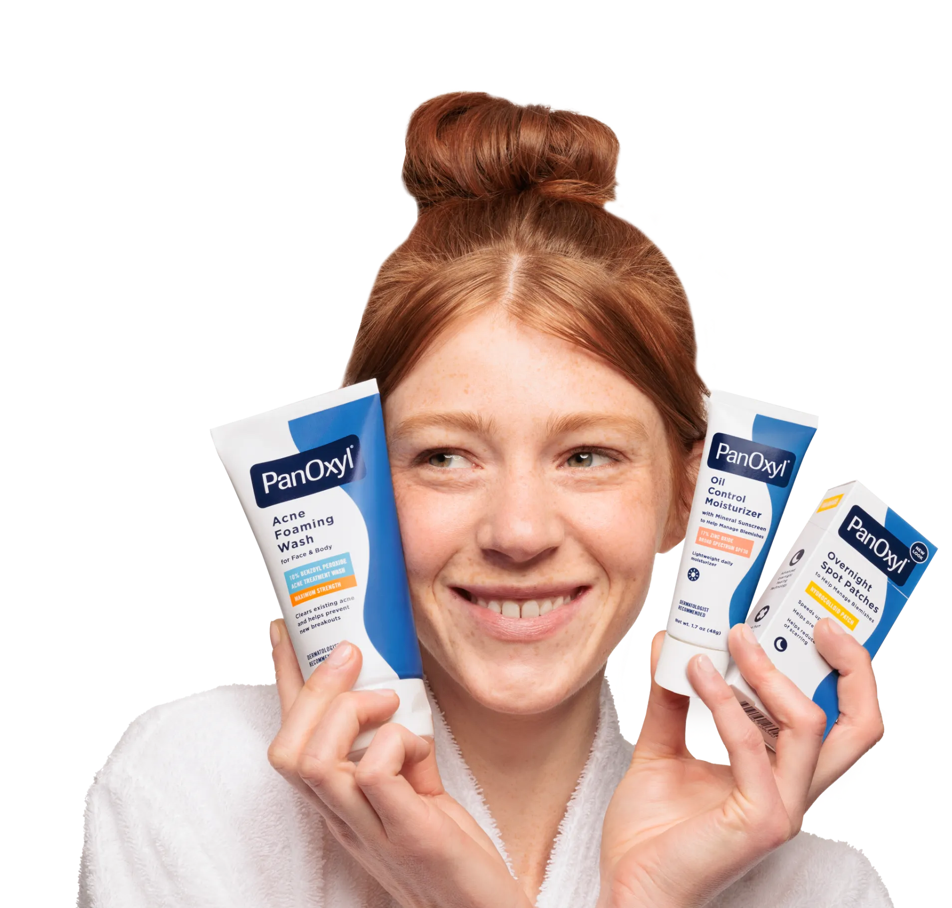 Woman Holding PanOxyl Control Moisturizer and Acne Foaming Wash Tubes.