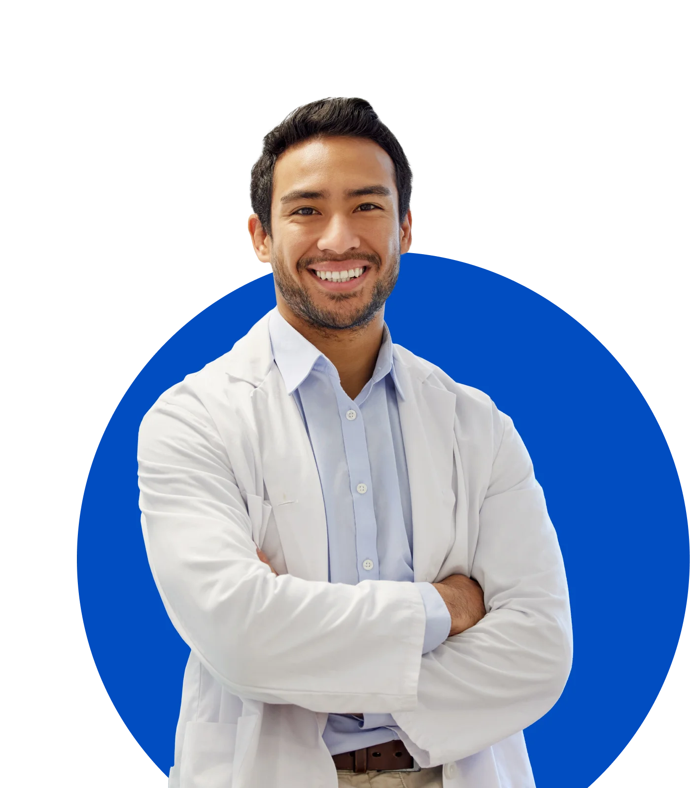 A man in a white lab coat on a blue and white background.