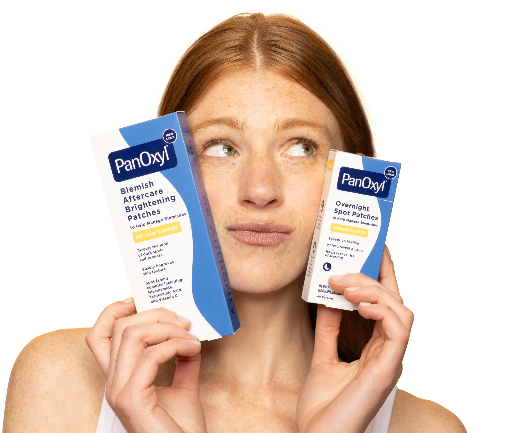 A woman holding PanOxyl blemish aftercare brightening patches and PanOxyl overnight spot patches next to their face.