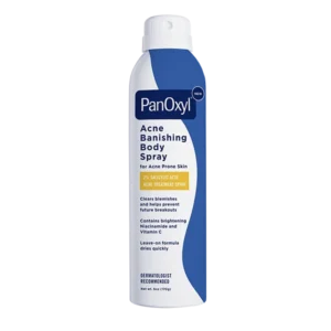 An aerosol can of PanOxyl acne banishing body spray.