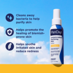 Thumbnail of PanOxyl Antimicrobial Purifying mist bottle and it's benefits for skin on a blue sky background