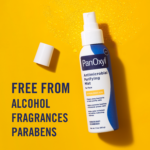 Thumbnail of PanOxyl Antimicrobial Purifying mist bottle and 'Free from' ingredients claims on a yellow background